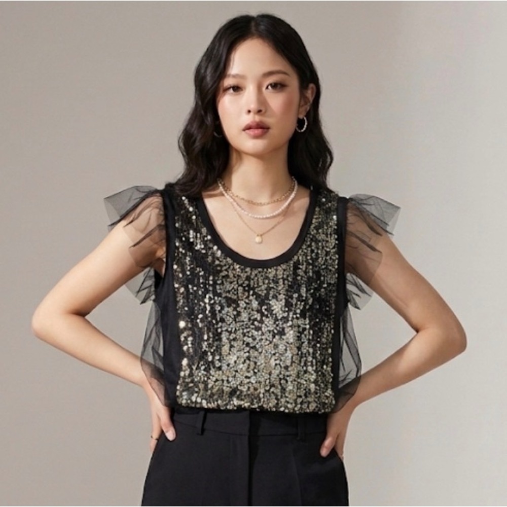 Hamii y Black Sequin silk Tulle Ruffle party top runway sz 42 / M edgy revolve